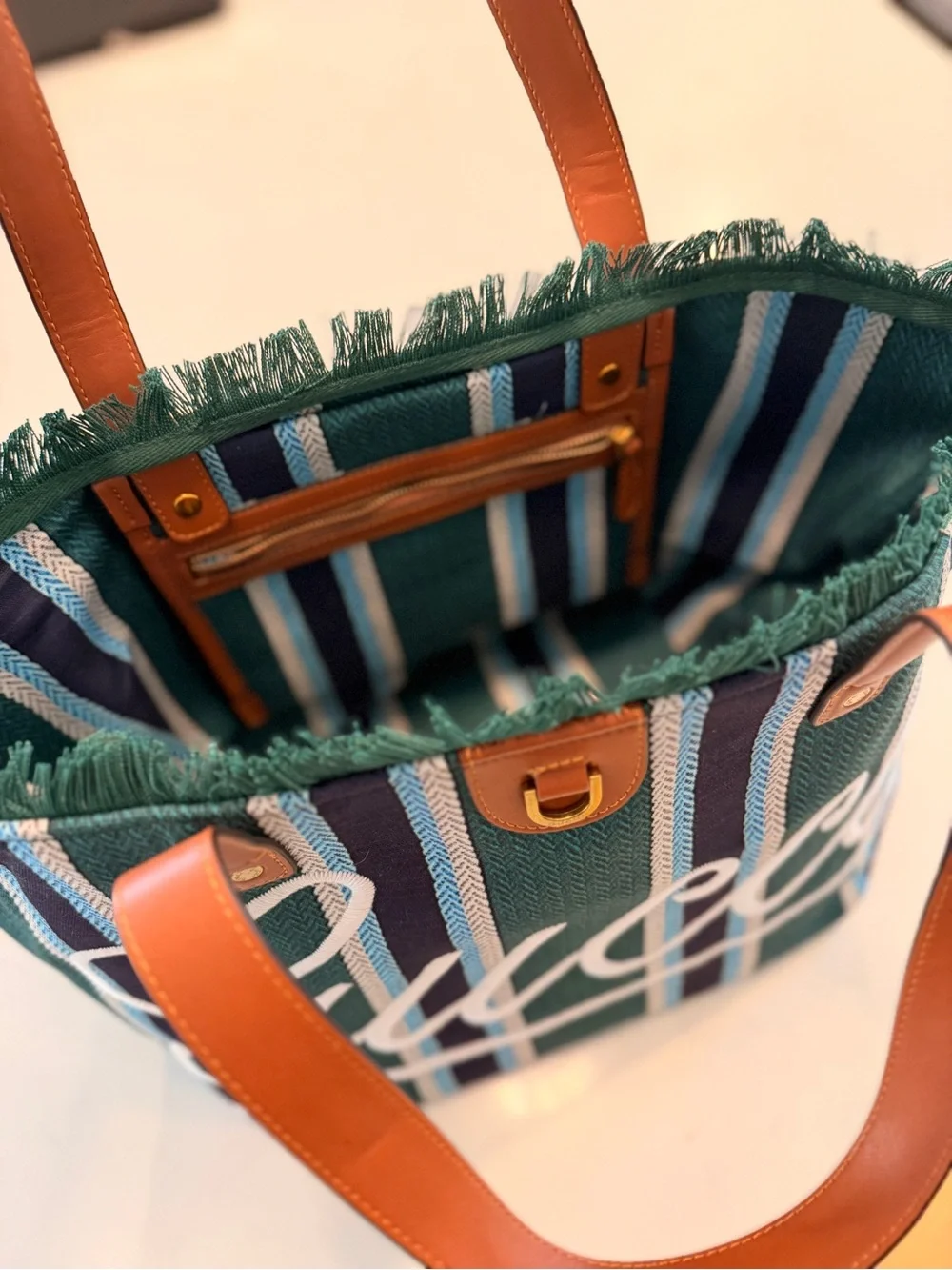 Gucci Teal & Navy Striped Canvas Tote with Leather Handles - Picture 6 of 9